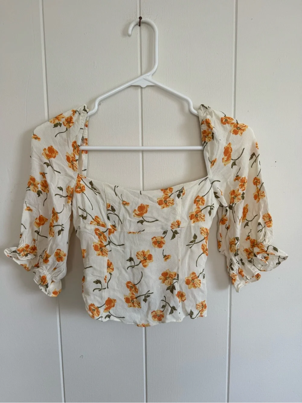 Reformation Cream Square-Neck Puff Sleeve Floral Top 0